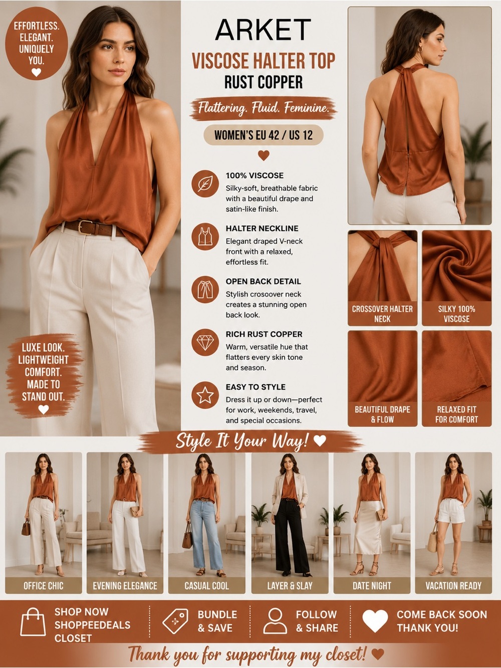 ARKET Viscose Halter Top – Rust Copper – Women’s EU 42 / US 12